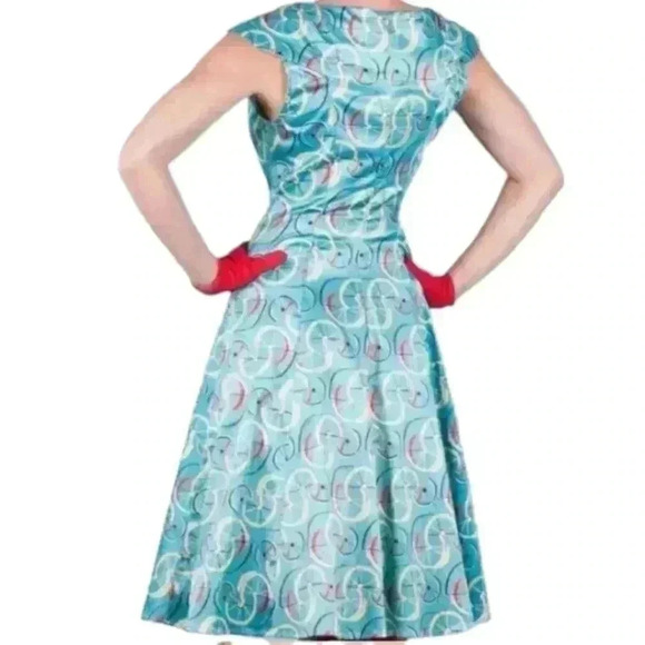 Tatyana Cruiser Swing Dress Satin Blue Bicycle Wheel Fit and Flare Women's Small - Picture 3 of 10